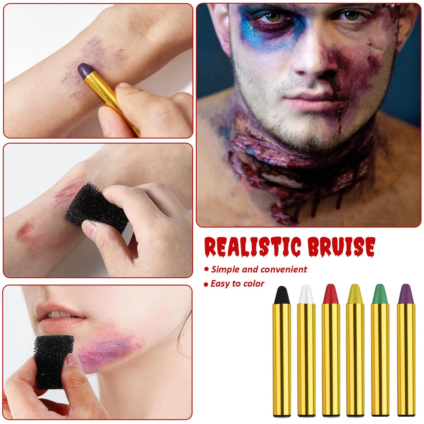 Halloween Makeup Kit, Scar Wax SFX Makeup Kit Fake Blood Set, Kit Includes Scar Wax, 6 Colors Bruise Face Body Paint Crayon, Fake Blood Spray+Dripping+Coagulated Gel, Spatula Sponges Tool (Set A)