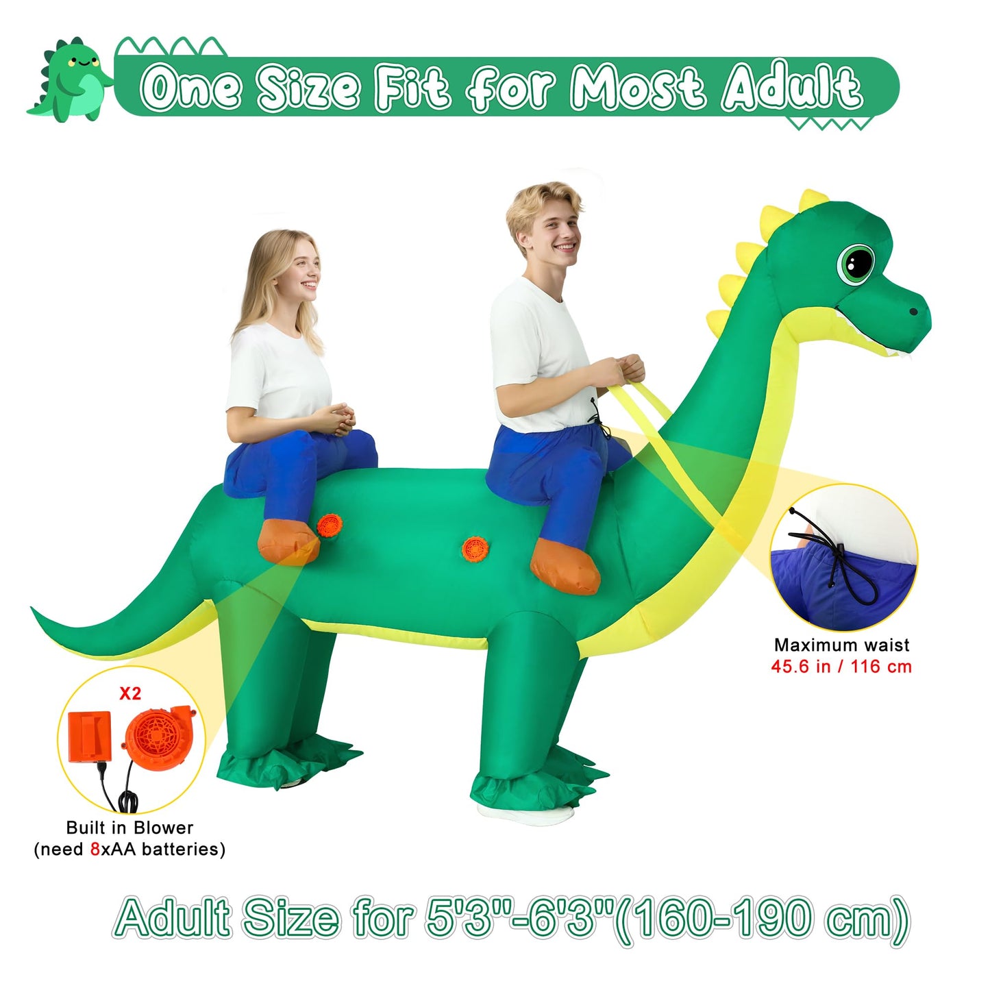Poptrend Couple Inflatable Dinosaur Costume for Adult Blow Up Costumes 2 Person Halloween Funny Ride On Brachiosaurus Costumes for Men Women Funny Fancy Dress Party