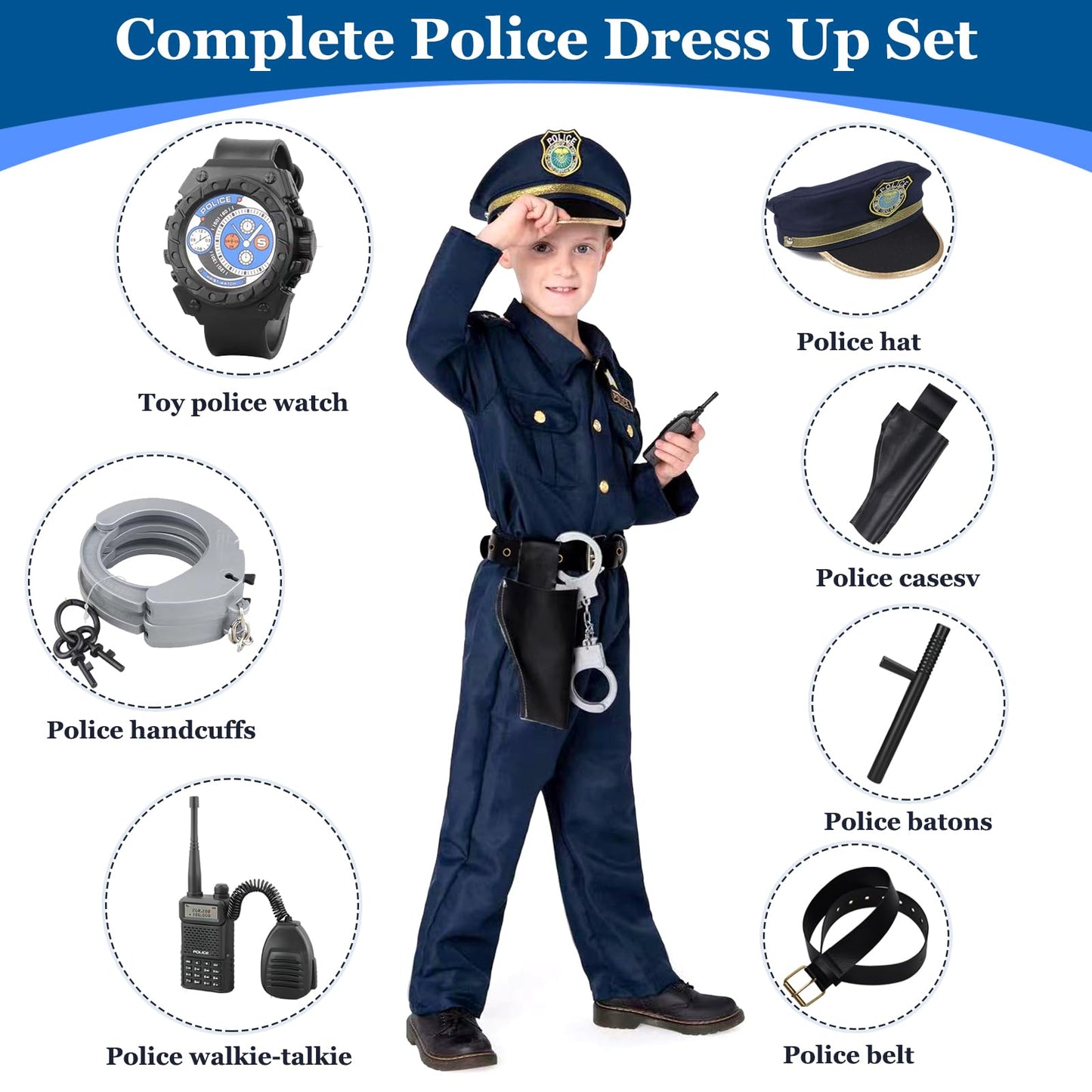 Amtum Police Costume Kids Policeman Uniform Kids Police Officer Costume With Cop Pretend Play Accessories For Halloween Dress Up Set Role Play Officer,Blue-XS