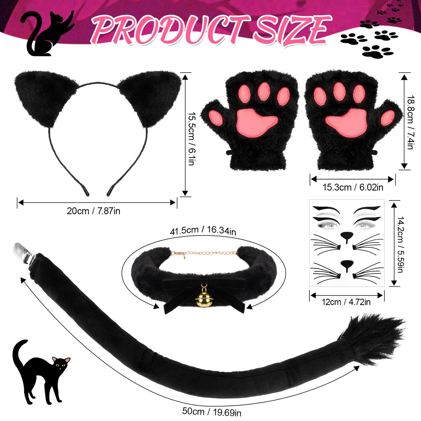 Cat Costume for Women Black Cat Ears Headband and Tail Bell Choker (image 2)