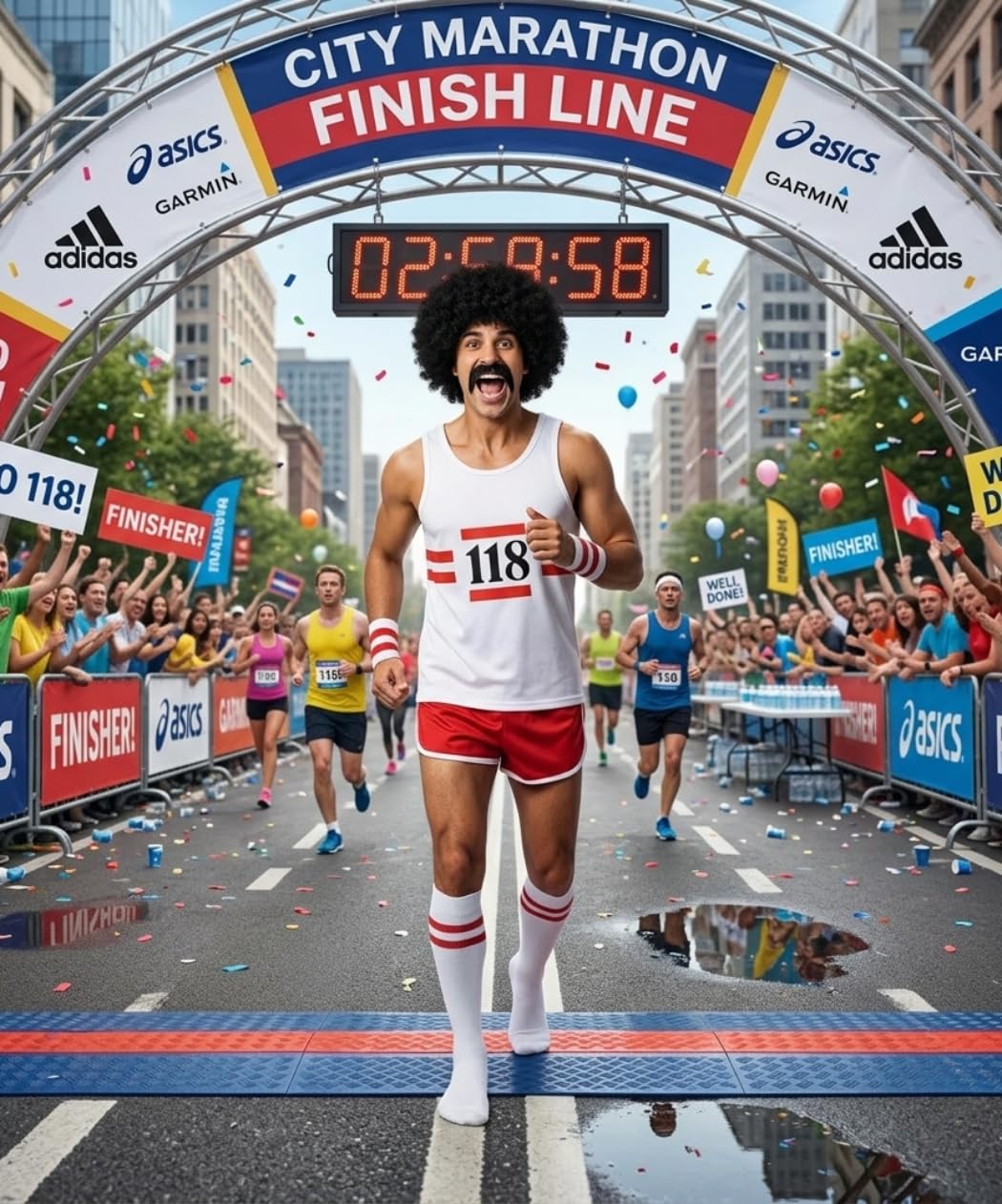 RIDDLED WITH STYLE Unisex 118 Marathon Fancy Dress Costume Set Retro Sleeveless Vest Shorts Moustache Socks Wig Running Outfit Mens Womens Party Event Fun Run UK Sizes S-XL