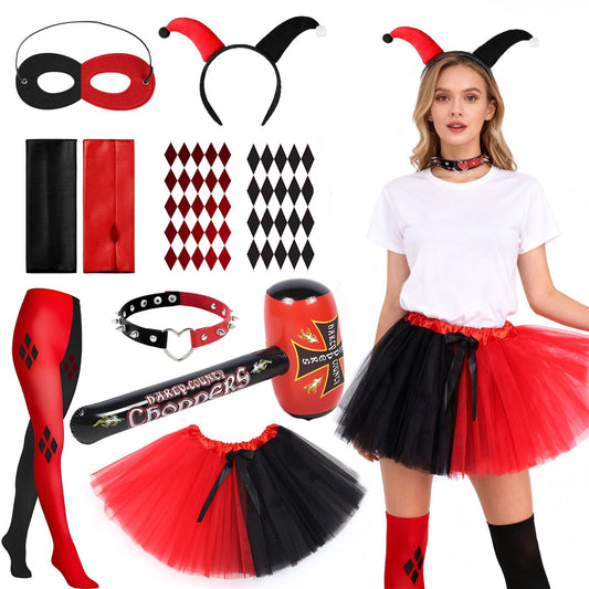 Vcumter Quinn Costume Cosply Adult, Joker Cosplay Costume Quinn Costume with Tütü Headband Necklace 2 Stickers Inflatable Hammer Cosplay Costume for Women Girls Halloween Carnival Party