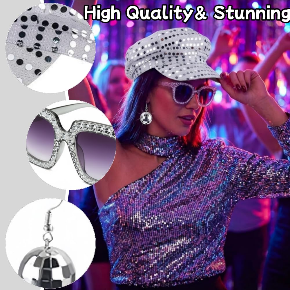 70s Disco Costume Set Sequin Glitter Hat - Bling Sunglasses (image 4)