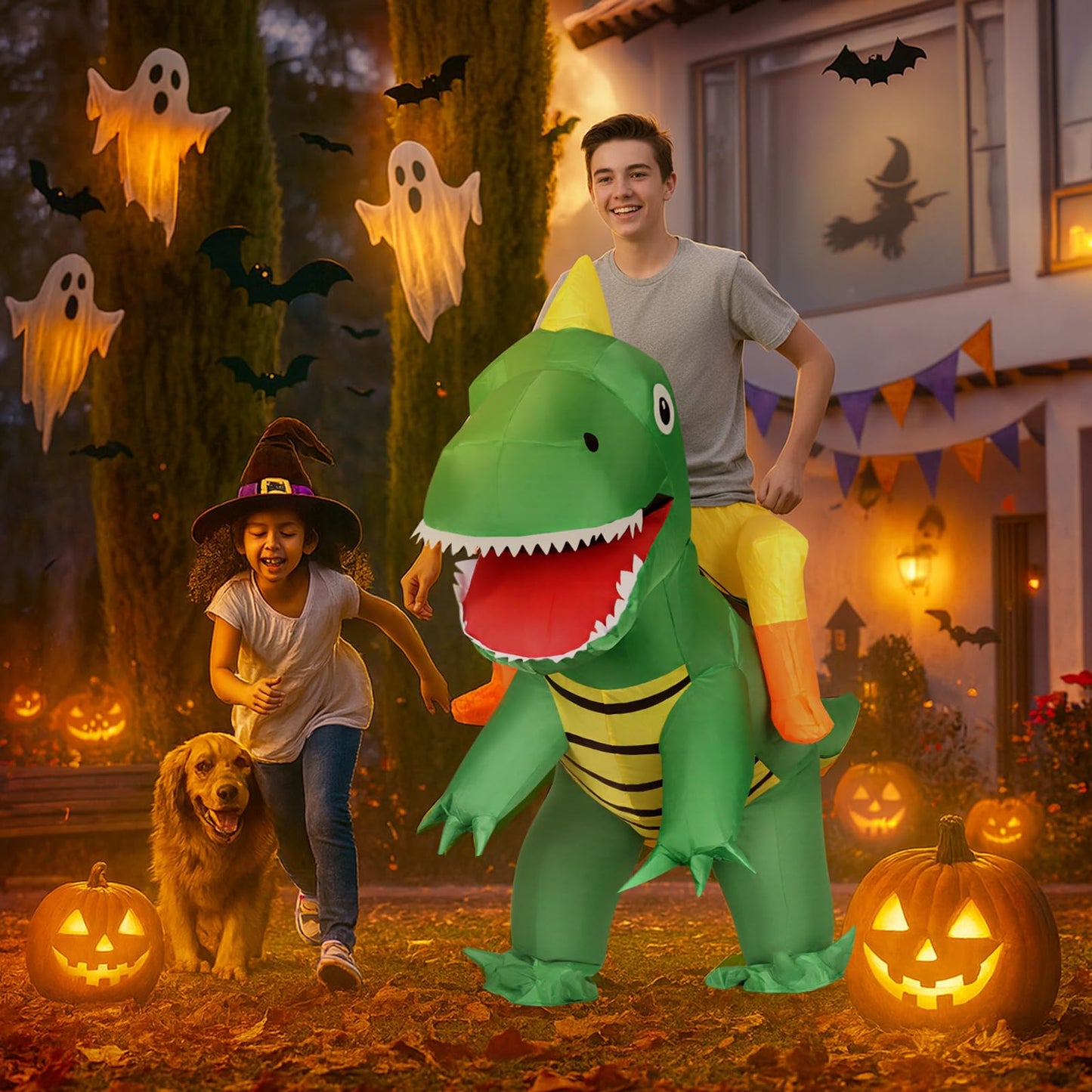 VICBAY Kids Inflatable Dinosaur Costume,Riding T-Rex Air Blowing up Funny Fancy Dress Party Halloween Costume Party Cosplay Fancy Dress Outfit (4.92ft -6.23ft)(A)