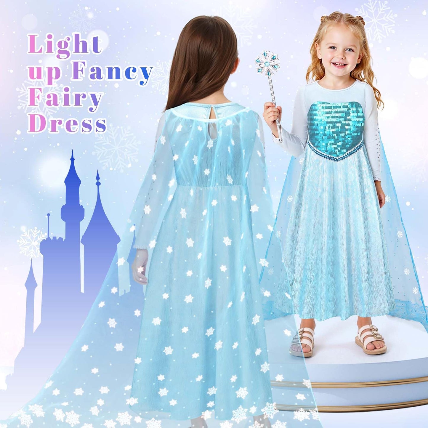 WIKITOT Princess Costumes for Girls, Light up Princess Dress up for Girls Aged 3-10, Kids Fancy Dress Costumes for Halloween Birthday Costumes (M(5 to 6 years))