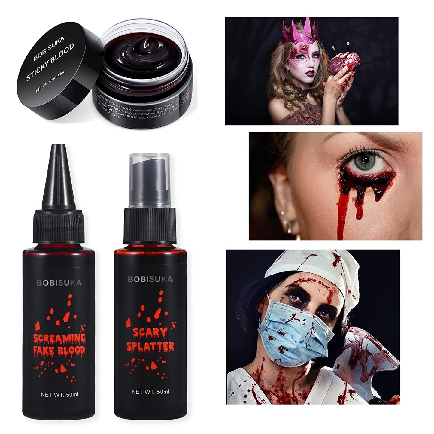 BOBISUKA Halloween Fake Blood Makeup Kit - Realistic Washable Special Effects SFX Makeup Coagulated Blood + Dripping Blood + Spray For Zombie Vampire Monster Cosplay Mouth Clothes Dress Up