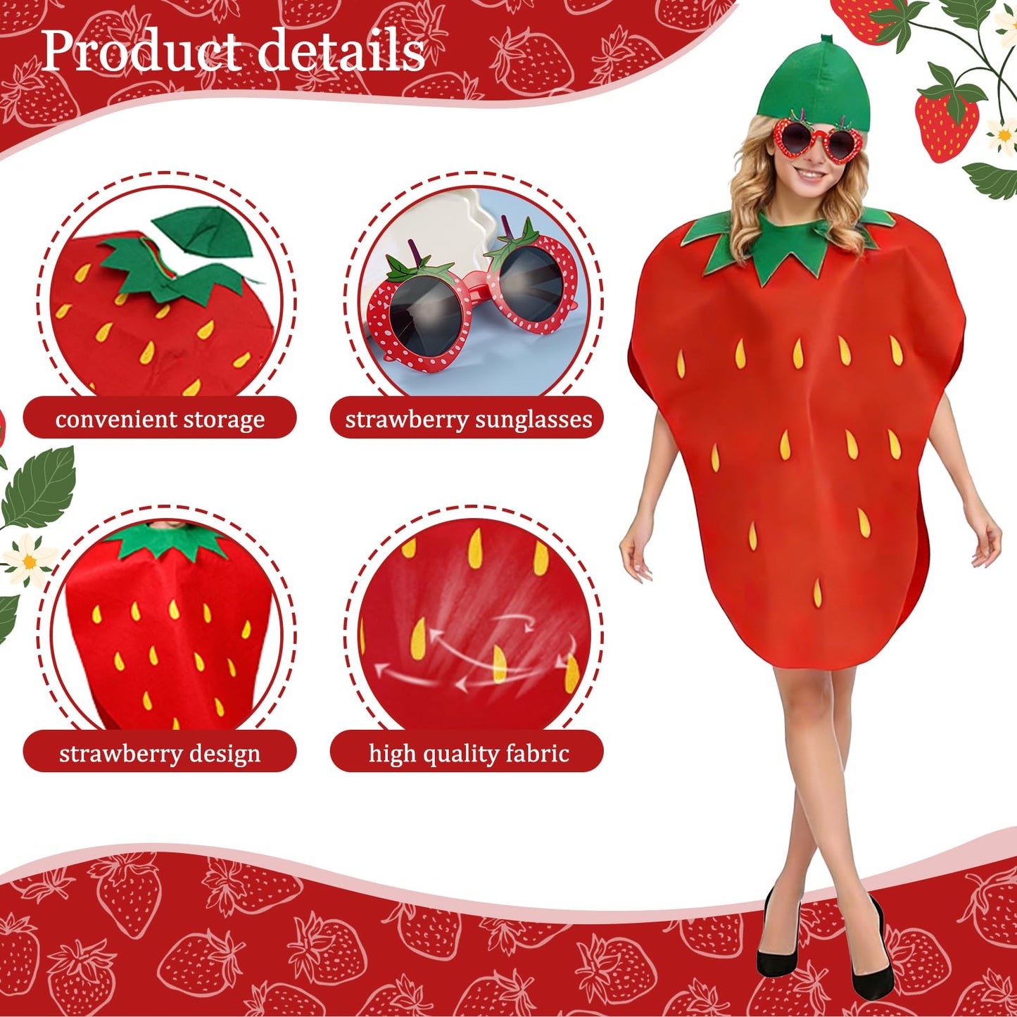 Strawberry Costume for Adults, Lightweight & Comfortable Funny Fruit Cosplay Outfit, Fancy Dress for Adult Fancy Dress Costumes - Hat, Dress & Glasses, for Halloween Themed Parties Cosplay Fun Events