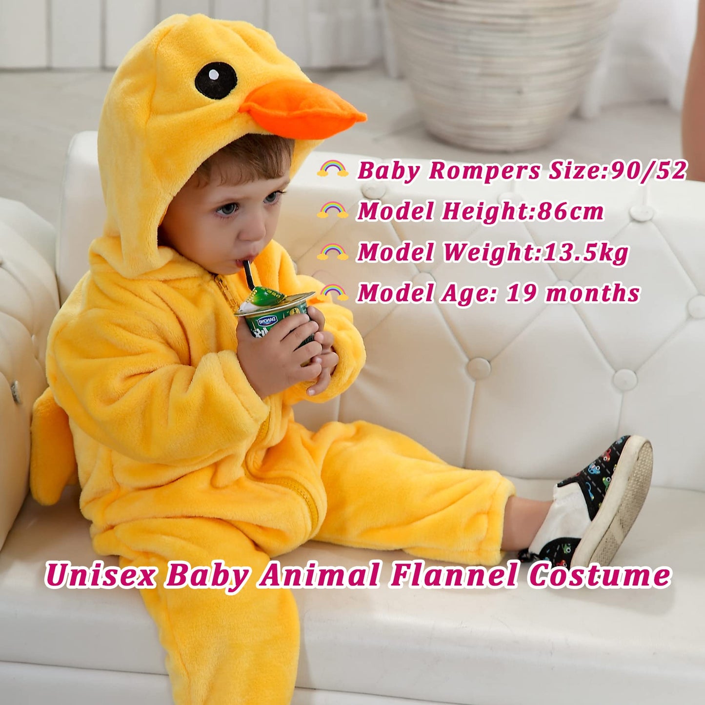 Doladola Unisex Baby Toddlers Romper Jumpsuit Hooded Cartoon Sleepsuits Infant Outfit (12-18 Months, Yellow Duck)