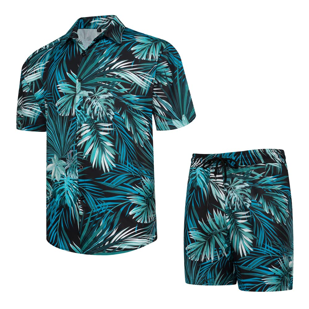 Wirltte Mens Hawaiian Shirt and Shorts Set Tropical Floral Print 2 Piece Outfits Blue Green S