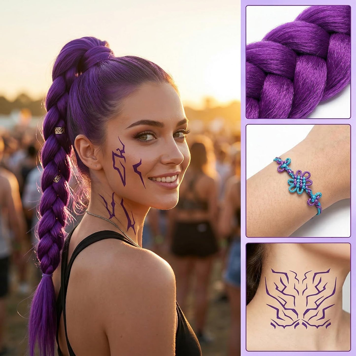 Kpop Costume Cosplay Wig Set - Purple Braiding Hair Extensions