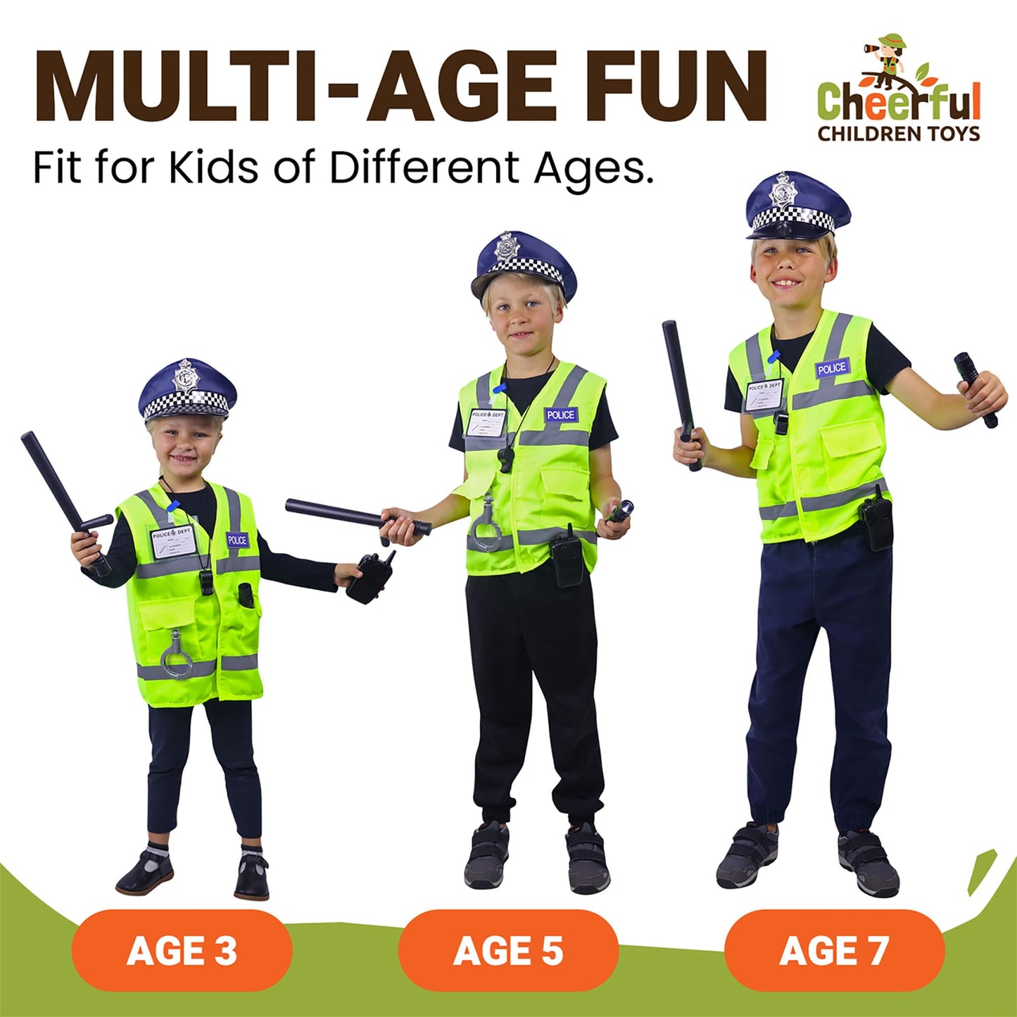Cheerful Children Toys Kids Police Costume - 10 Pcs Police Officer Outfit Dress Up - Ideal for Boys & Girls Aged 3-7 - Include Vest & Hat - Kids Fancy Dress for Roleplay, Halloween, & STEM Learning