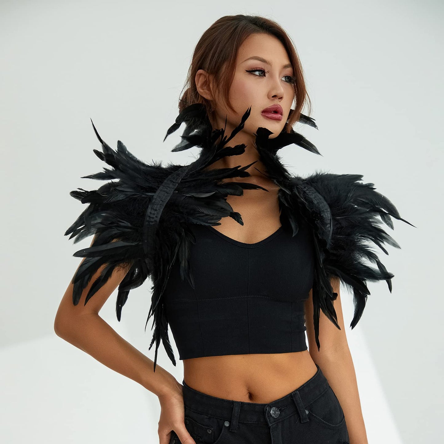 Womens Natural Feather Cape Costume Gothic Lacing Shawl Shrug