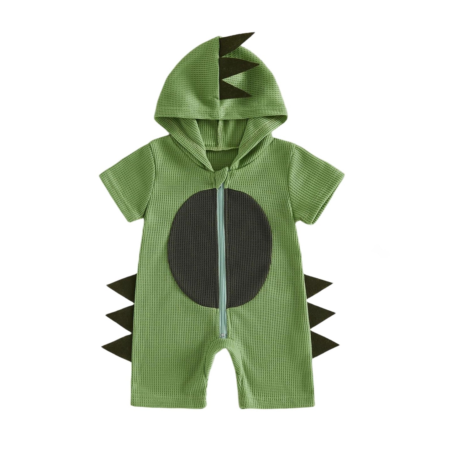 JCOPLY Newborn Baby Boy Romper Infant One Piece Outfit Dinosaur Backbone Decor Short Sleeve Zip Up Hooded Jumpsuit Waffle Overalls Summer Clothes 0-12M (Green, 0-3 Months)