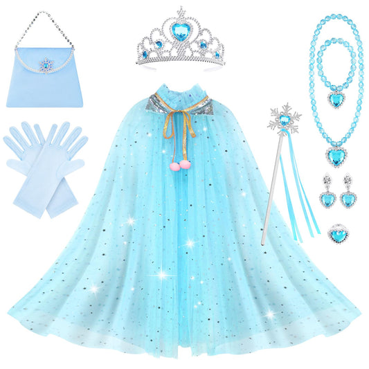 AOOWU Princess Cape Set for Girls, Elsa Princess Cloak with Crown, Wand, Jewelry, Gloves, Princess Elsa Fancy Dress Up Sparkling Sequin Tulle Princess Cape Set for Halloween Christmas Birthday Cosplay