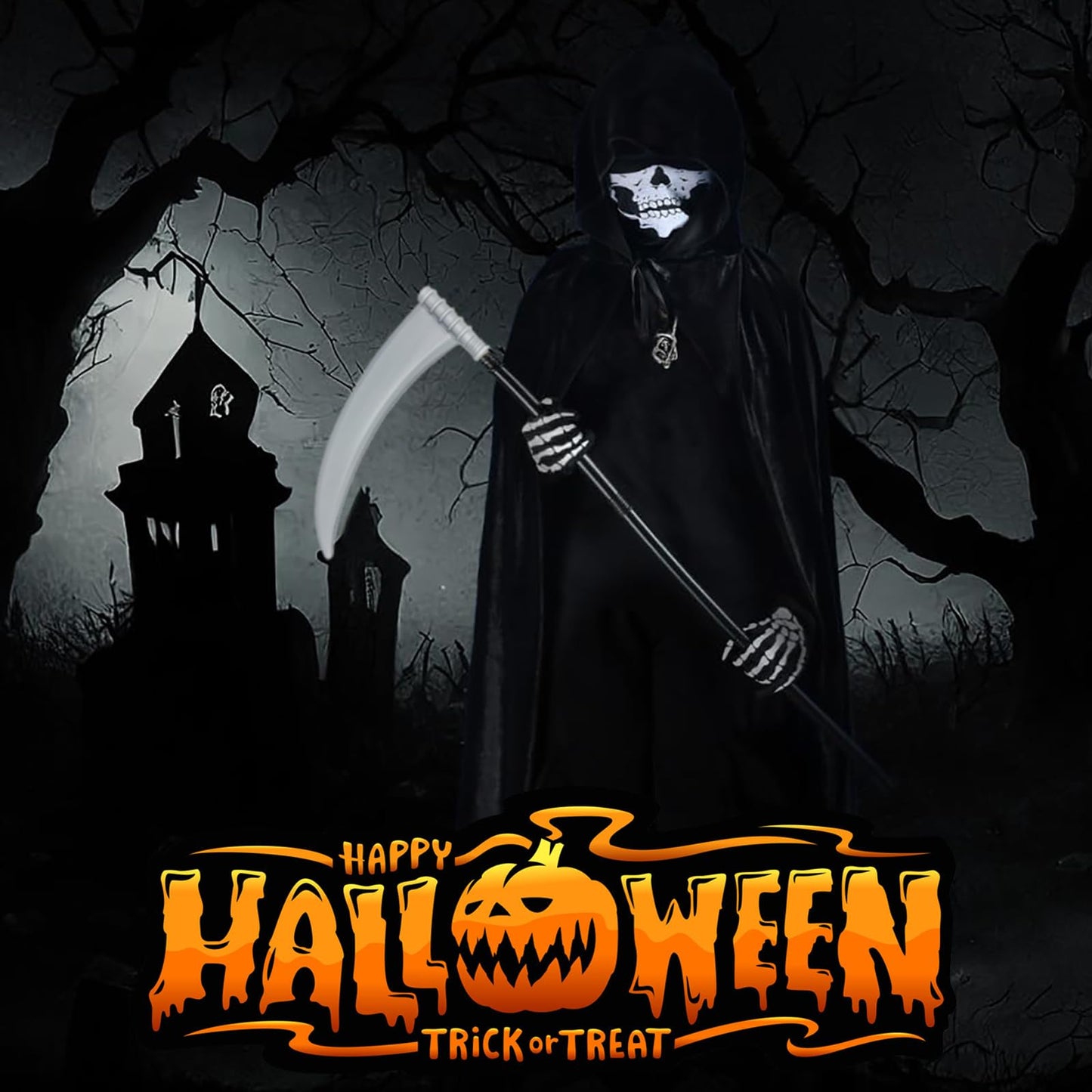 Gatwrmth 6-Piece Grim Reaper Costume Halloween Fancy Dress – Hooded Velvet Cloak with Skull Mask, Skeleton Gloves, Scythe Prop, Skull Necklace & Temporary Tattoos – One Size Fits Most Teens & Adults