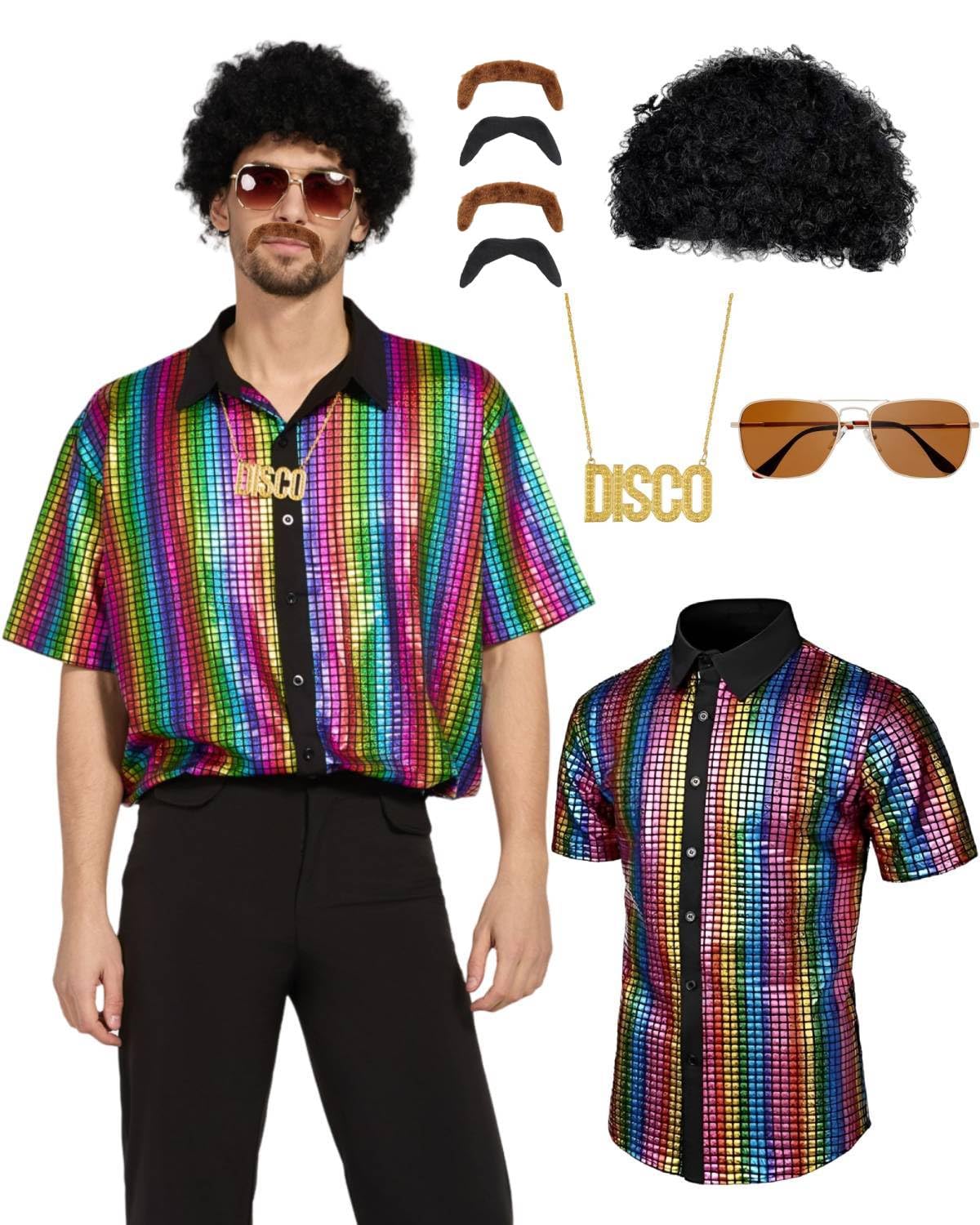 minkasic 70s Fancy Dress Mens 5PCS 70s Shirts for Men with Disco Accessories Wig, Sunglasses, Fake Beard Disco Necklace, Abba Fancy Dress Costume Men Set for 60s 70s Party (Multicolour, XL)