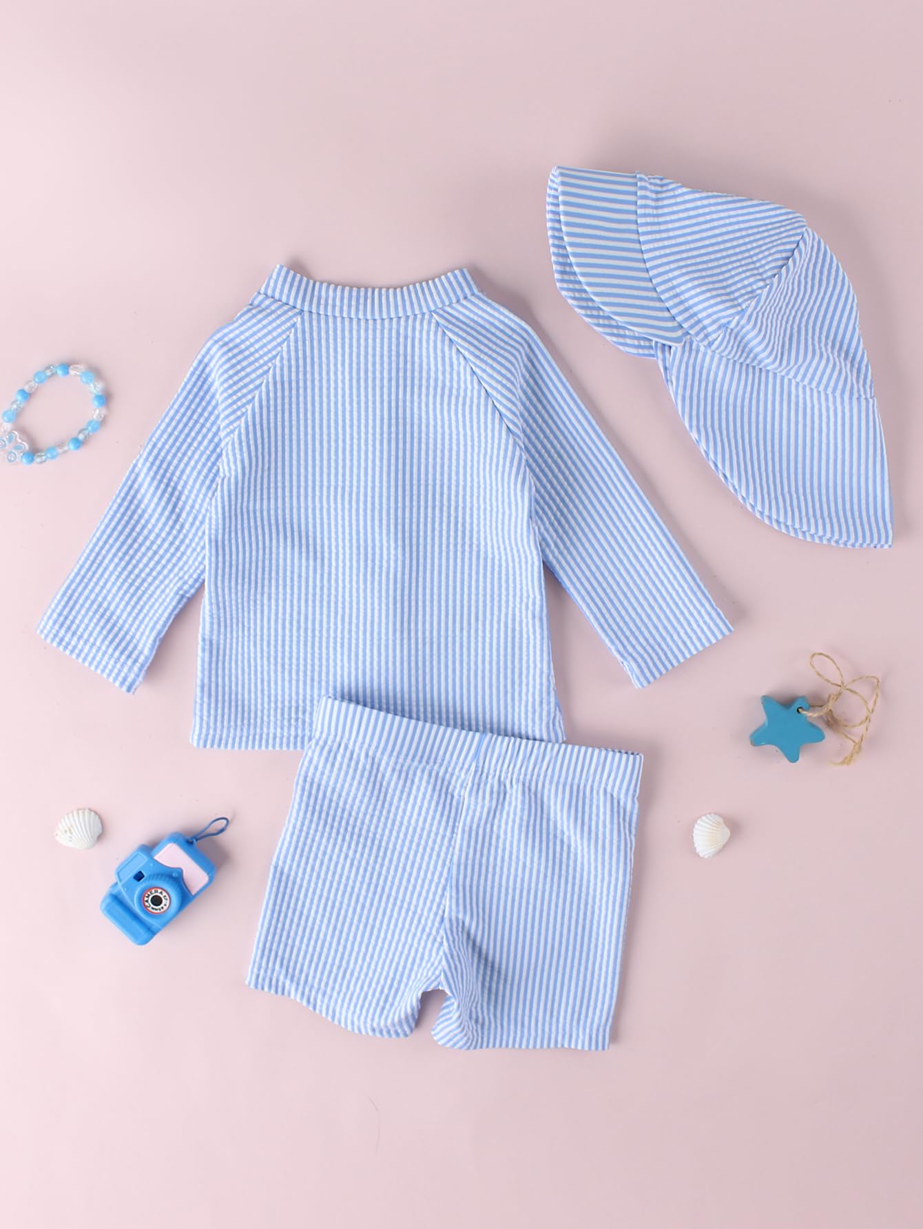 JiAmy Baby Boys Swimming Costume with Sun Hat 3PCS Long Sleeve Zip Up Rash Guard Shirt Swim Truck Infant Toddler Baby Swimsuit Blue 1-2 Years