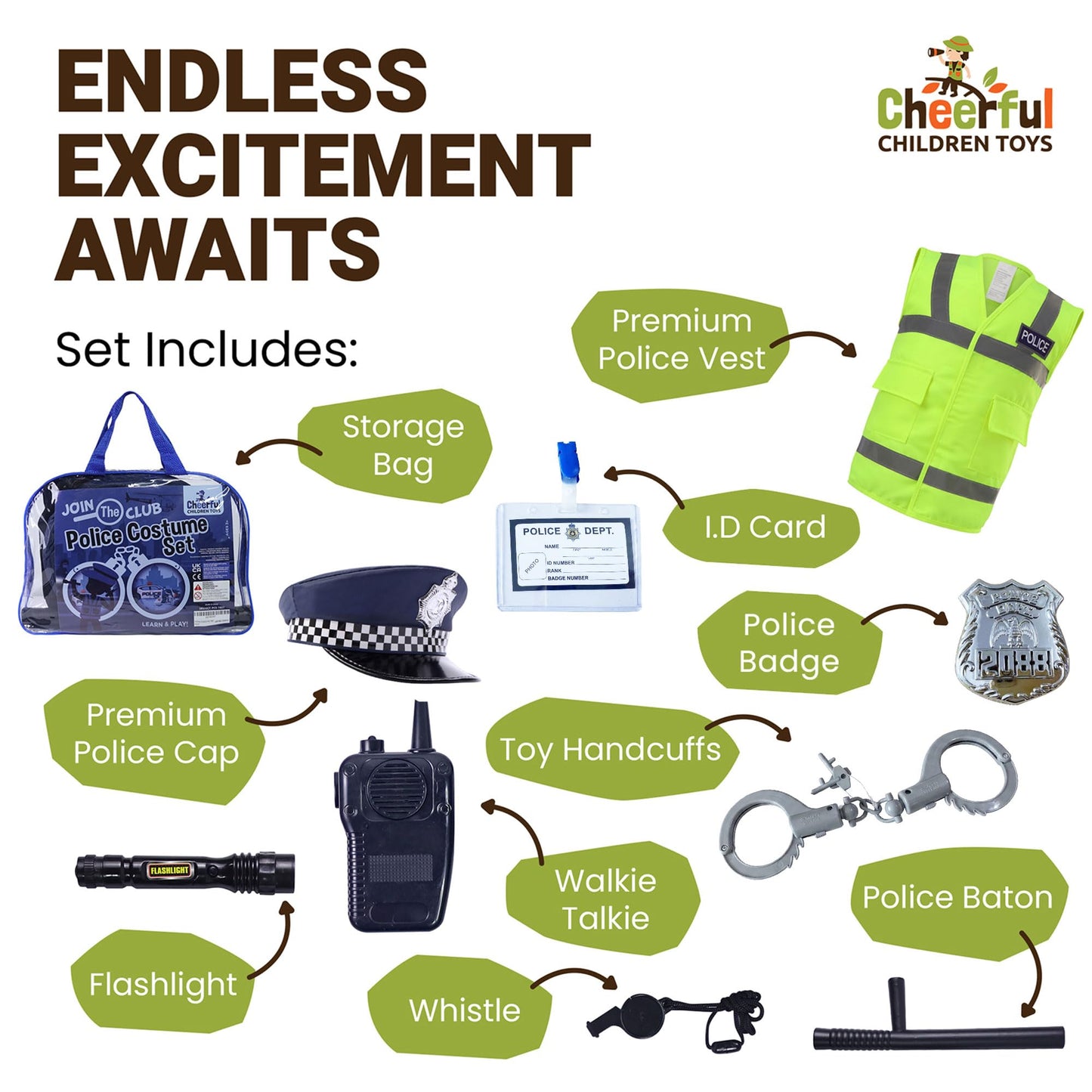 Cheerful Children Toys Kids Police Costume - 10 Pcs Police Officer Outfit Dress Up - Ideal for Boys & Girls Aged 3-7 - Include Vest & Hat - Kids Fancy Dress for Roleplay, Halloween, & STEM Learning
