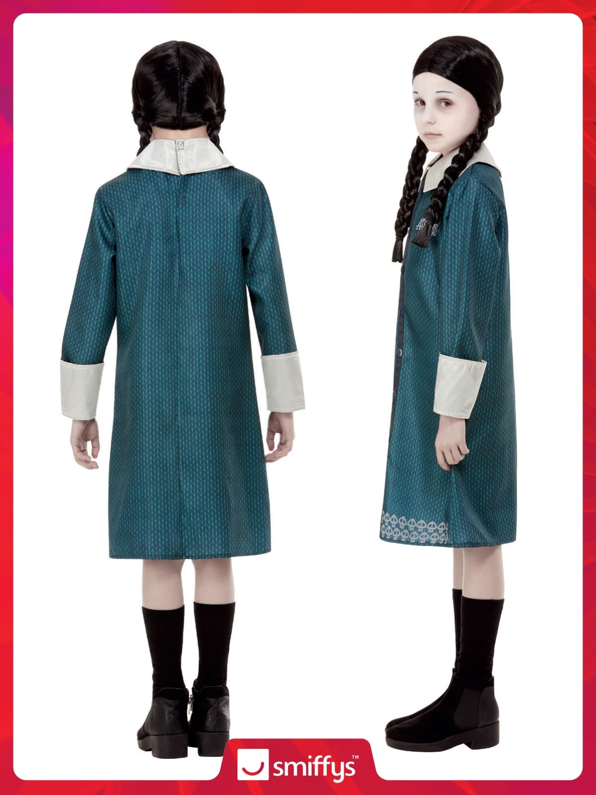 Smiffys The Addams Family Wednesday Costume for Kids, Blue Dress with Skull Pattern and Black Wig, Officially Licensed Wednesday Addams Costume, Ideal for Halloween Parties