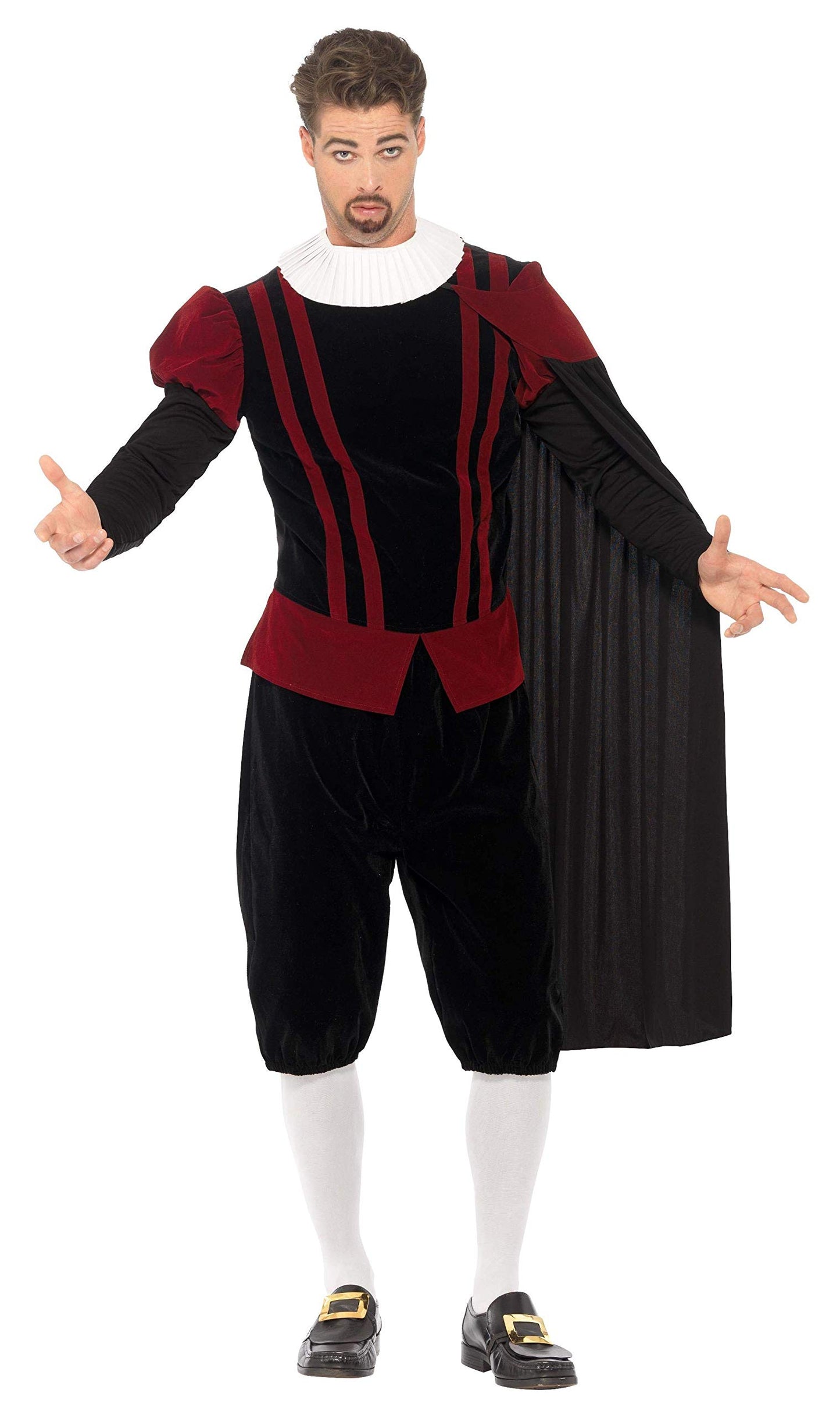 Smiffys Deluxe Tudor Lord Costume, Black with Top, Trousers, Cape & Neck Ruffle, Historical Fancy Dress, Adult Dress Up Costumes
