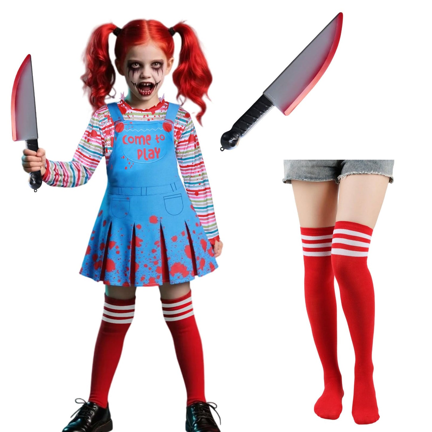 Antsparty Chucky Costume, Halloween Creepy Doll Costume Set with Striped Tops Skirts Socks Stickers, Horror Evil Doll Costumes for Halloween Cosplay