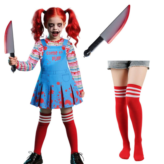 Antsparty Chucky Costume, Halloween Creepy Doll Costume Set with Striped Tops Skirts Socks Stickers, Horror Evil Doll Costumes for Halloween Cosplay
