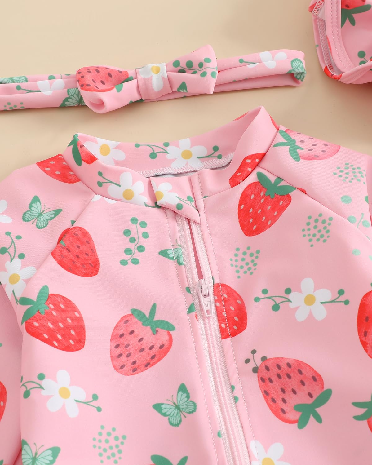 Newborn Baby Swimsuit Girl 3-Piece Set 0M-3T, Long Sleeve Toddler Swimming Costume with Hat & Headband, UPF 50+ Infant Rash Vest Front Zipper & Snaps, Pink Strawberry 0-3 Months