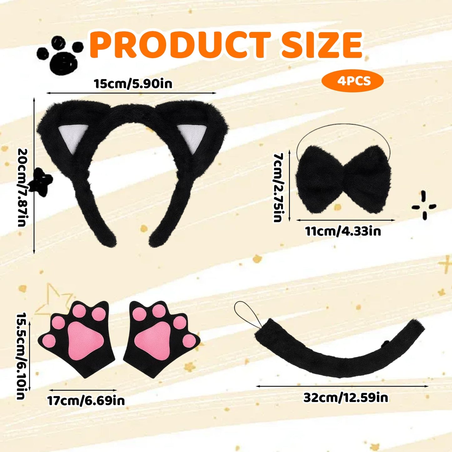 Cat Ears and Tail - Cat Costume Set with Headband - Gloves - Bow (image 2)