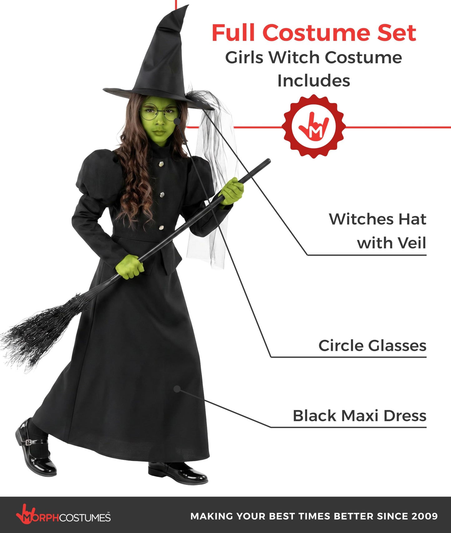 Morph Wicked Witch Costume For Girls, Kids Witch Dress, Wicked Halloween Costumes For Kids L