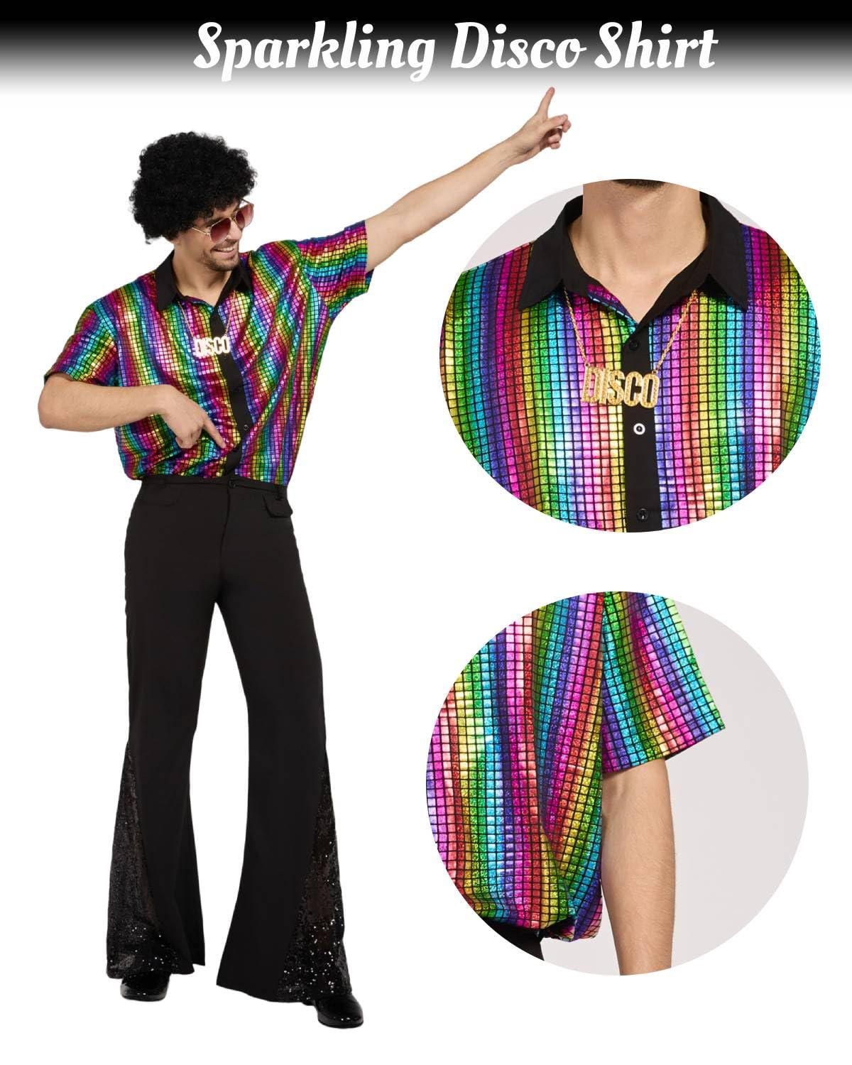 minkasic 70s Fancy Dress Mens 5PCS 70s Shirts for Men with Disco Accessories Wig, Sunglasses, Fake Beard Disco Necklace, Abba Fancy Dress Costume Men Set for 60s 70s Party (Multicolour, XL)