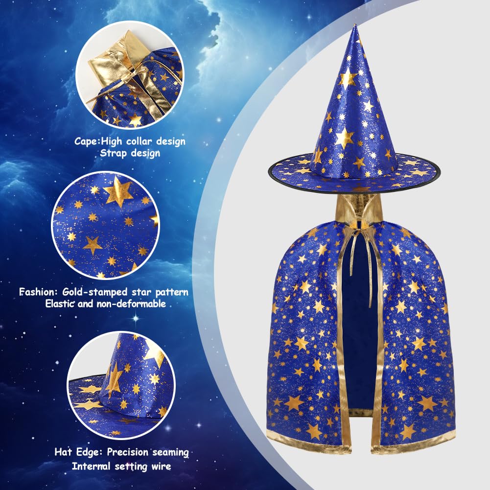 AYBUY Wizard Cape Witch Cloak Kids, Witch Costume Cloak and Hats for Kids, Halloween Costume Props Costume with Golden Stars Pattern for Children, Girls Halloween Party Cosplay Costumes (Blue)