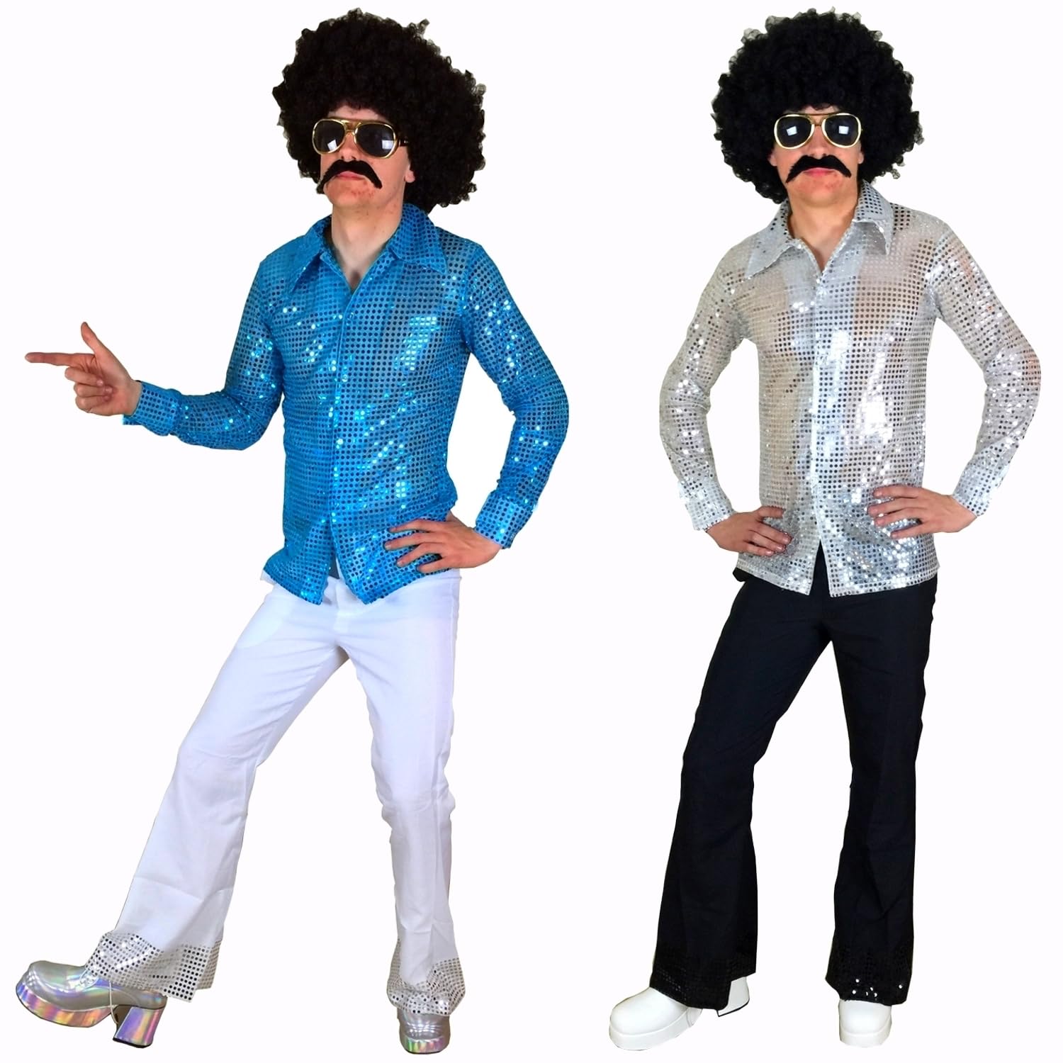 Men's 70s Disco Costume - Shiny Sequin Shirt & Flared Trousers