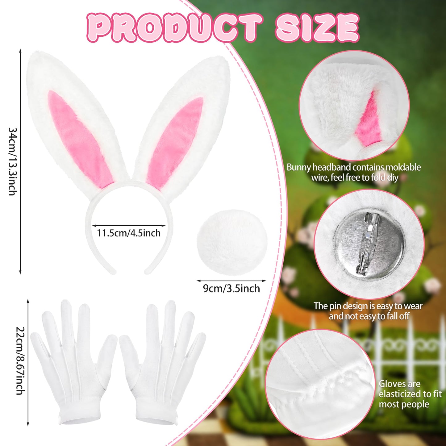 Amlisia 5 PCS White Rabbit Costume Accessories, Bunny Costume with Ears Headband and Tail Clock Bow Tie for Women Men for Easter World Book Day Book Character Dress up Halloween Cosplay