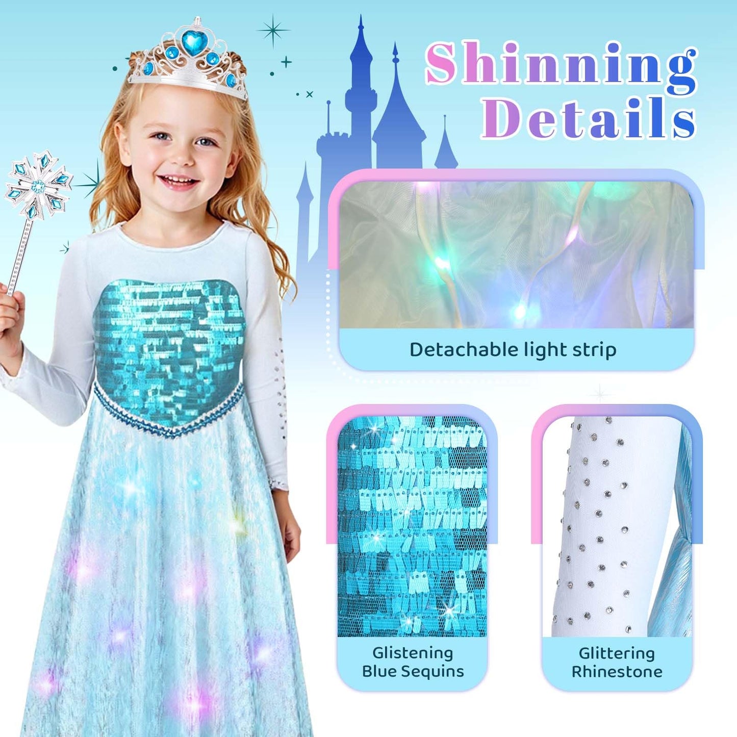 WIKITOT Princess Costumes for Girls, Light up Princess Dress up for Girls Aged 3-10, Kids Fancy Dress Costumes for Halloween Birthday Costumes (M(5 to 6 years))