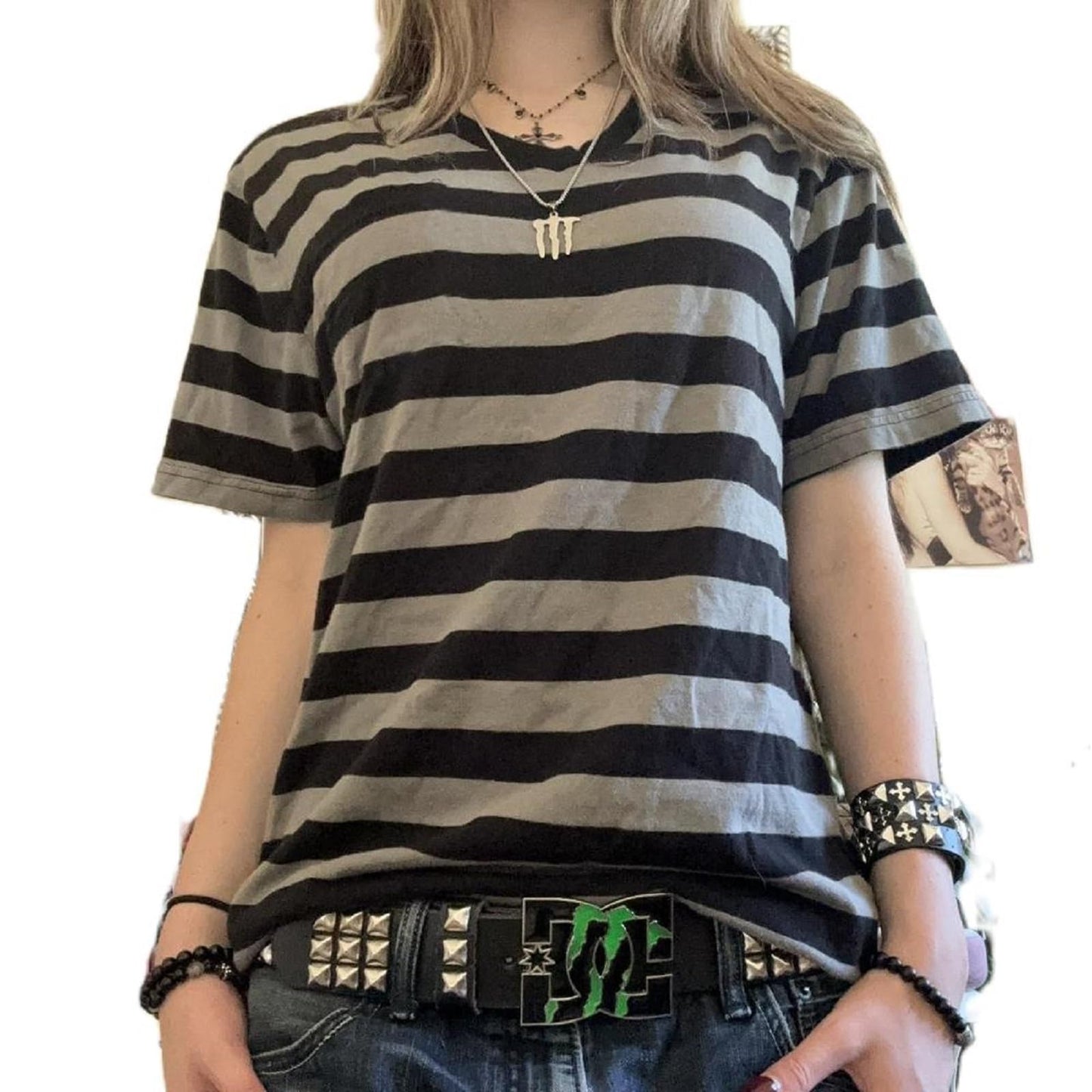 Womens Y2k Grunge Shirts Striped Baggy Crew Neck Short Sleeves Emo