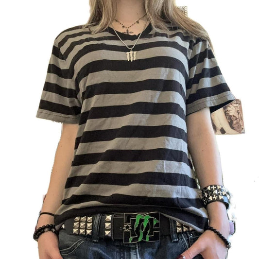 Womens Y2k Grunge Shirts Striped Baggy Crew Neck Short Sleeves Emo