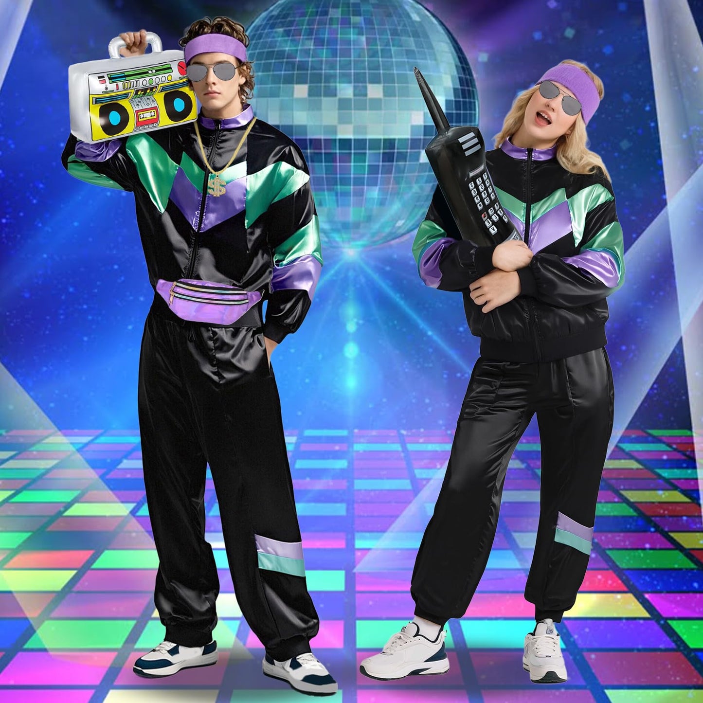 80s 90s Fancy Dress Men with Accessories, Retro 80s 90s Hip Hop Outfit for Adults, 80s Fancy Dress Set with 1 Sportswear Pant Necklace Balloon Radio Glasses Waist Bag Headband, 80s Party Carnival-L