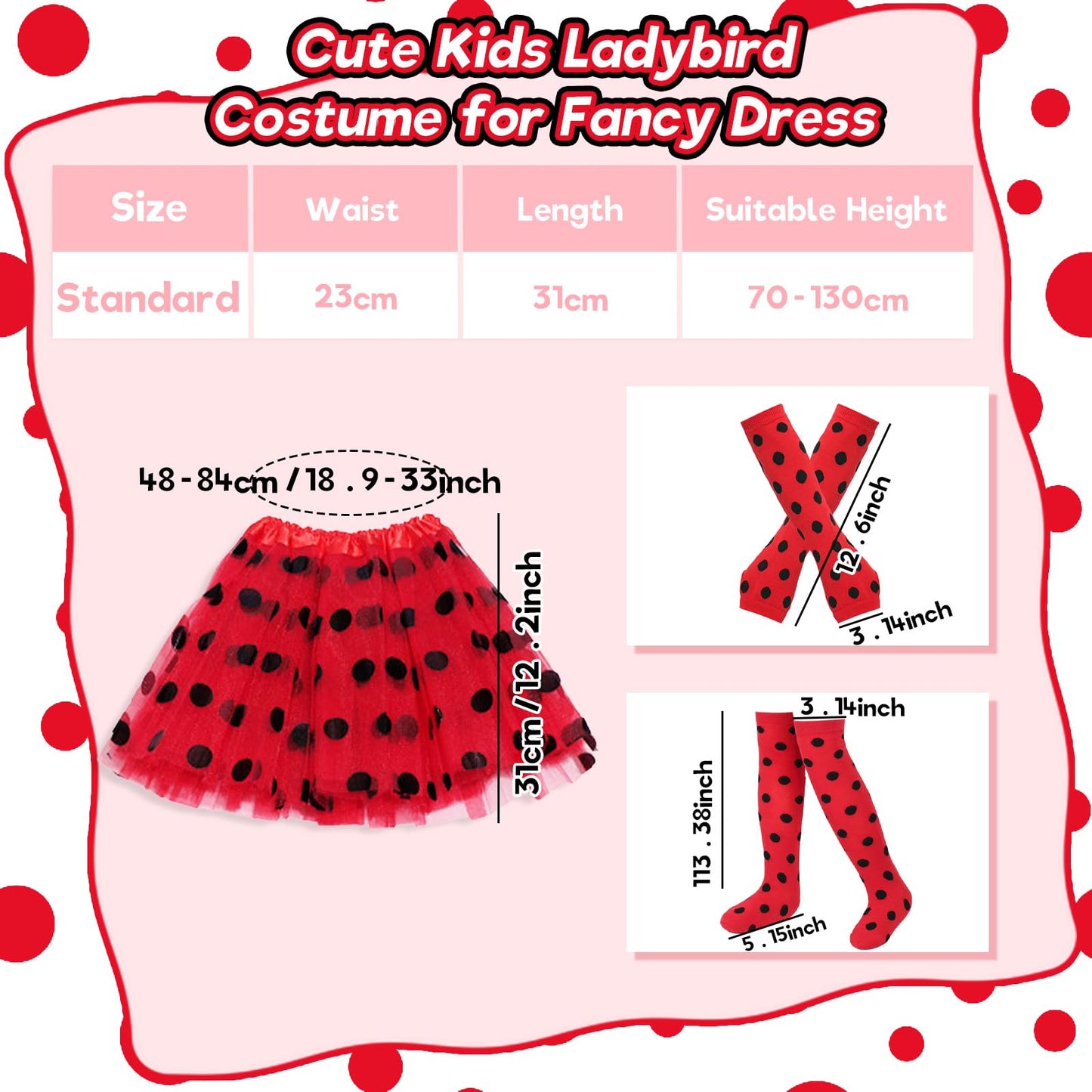 9 Pcs Ladybird Costume Kids, Spotty Tutu for Girls Fancy Dress, Animal costume Kids with Accessories, Party Outfit Performance Costume Sets, Halloween World Book Day Costumes for Girls Cosplay