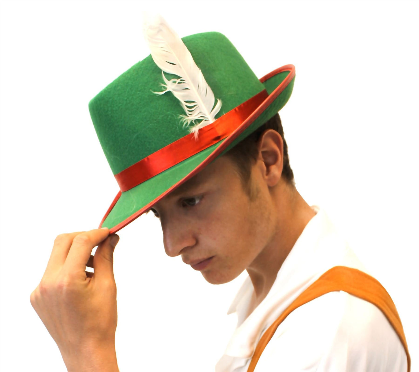 Adults Green Bavarian Hat - Pack of 6 Green and Red Oktoberfest Hat with Feather Detail - Adults German Oktoberfest Fancy Dress Costume Accessory