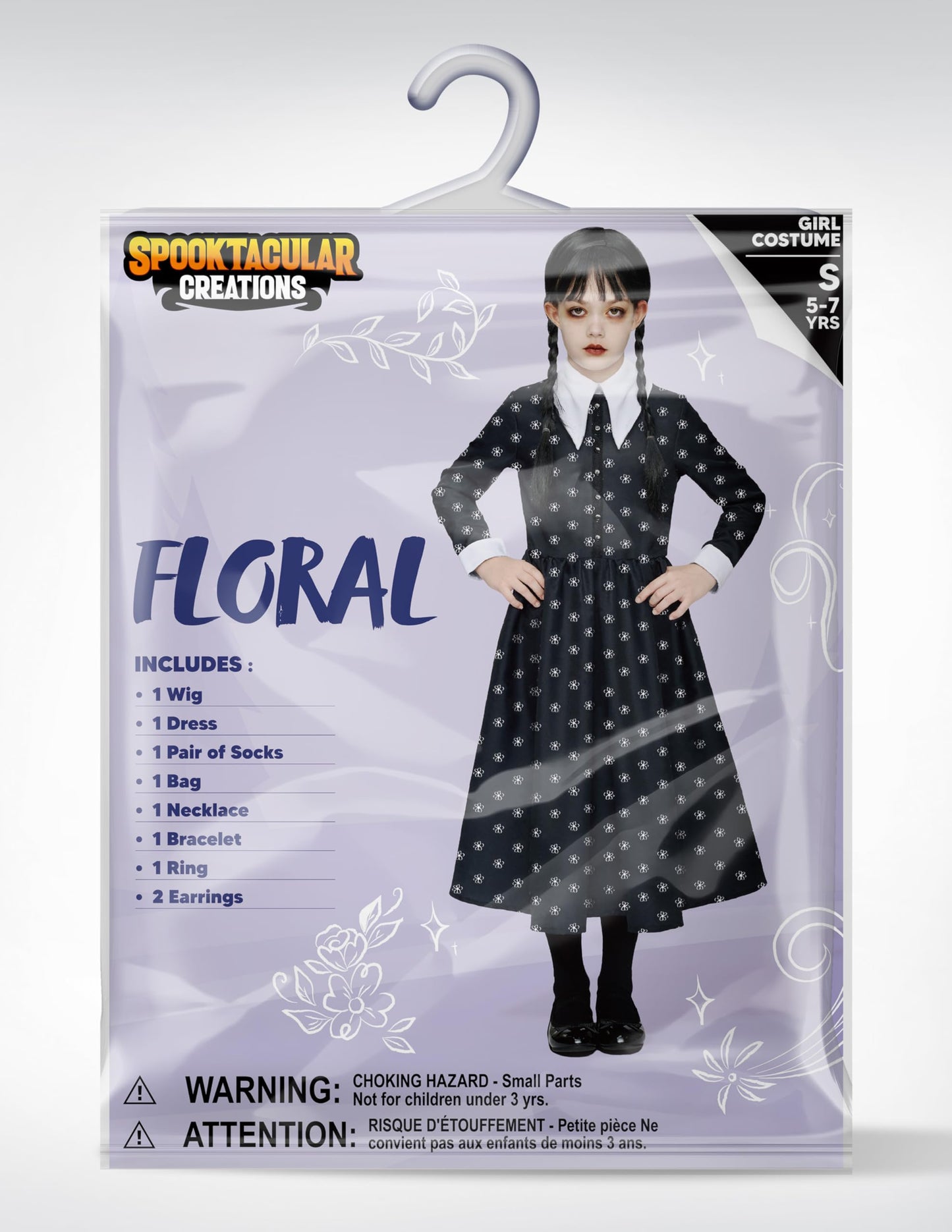 Spooktacular Creations Girls Halloween Black Costume, Black Floral Print Dress with Wig and Stocks for Girls Kids Halloween Dress Up and Role-Playing(Small(5-7 yrs))