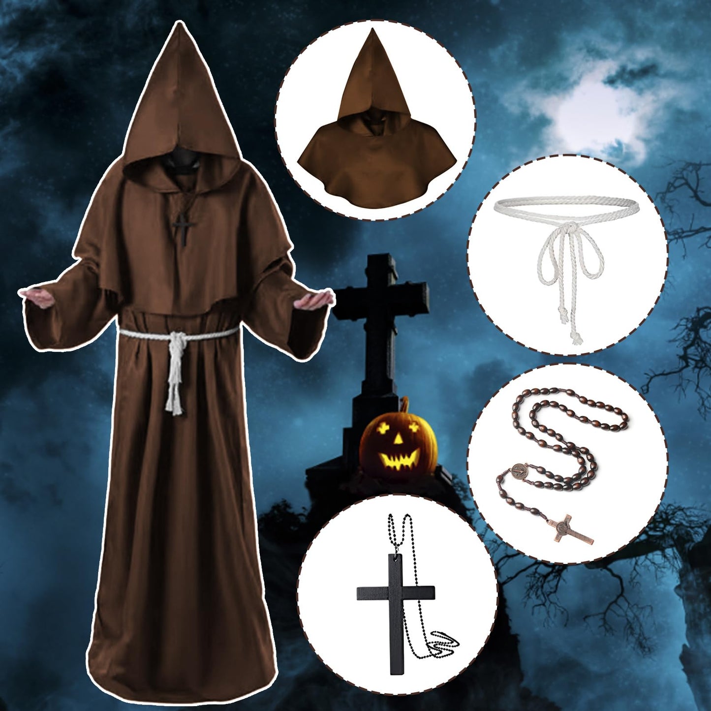 Medieval Renaissance Robes Hooded Monk Cloak with Hood Costume and Cord Burgundy Men's Priester Fancy Dress Outfits with Cross for Theme Party Halloween Cosplay Carnival For Adults (Brown, S)