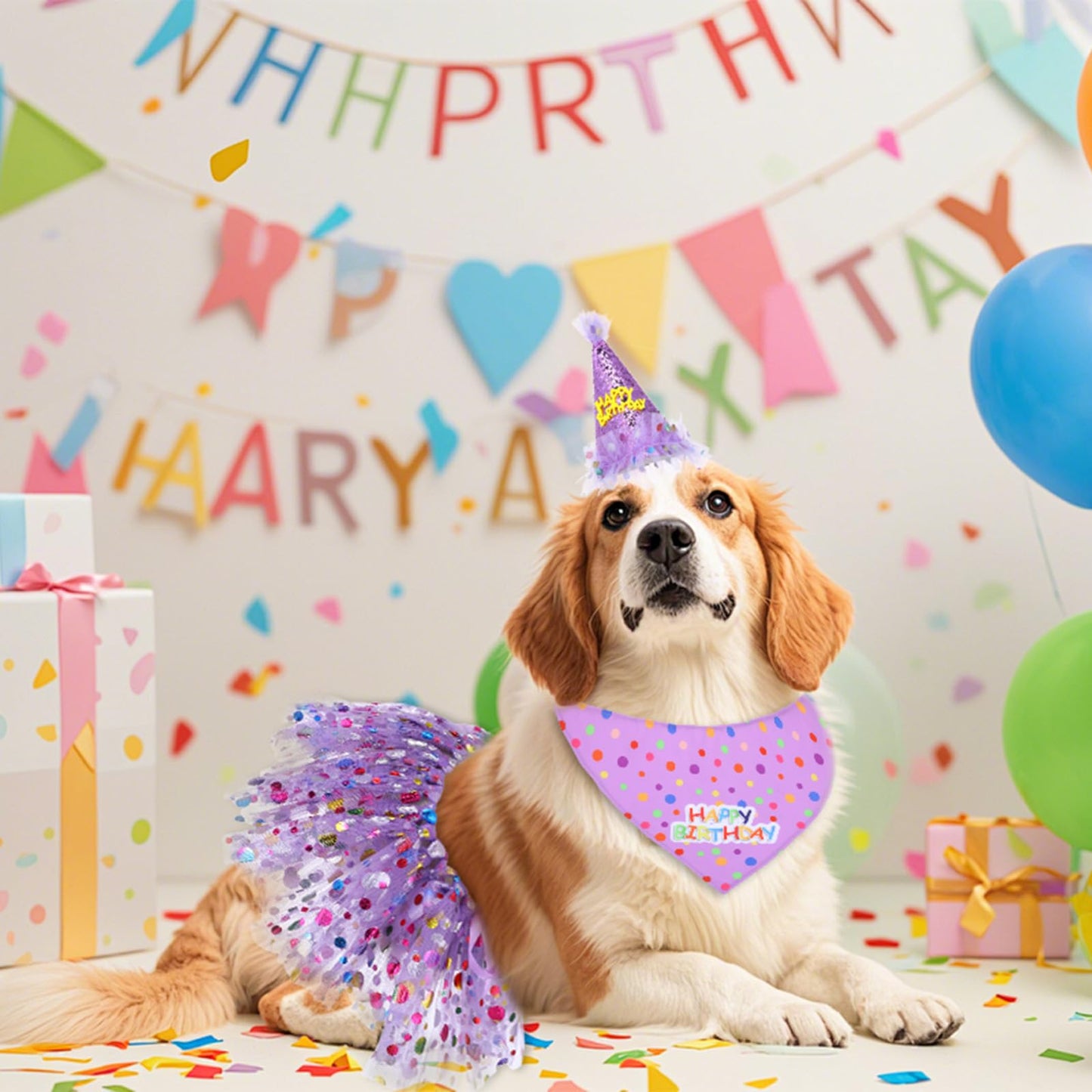 Dog Birthday Bandana with Hat and Dress Girl Set Puppy Birthday