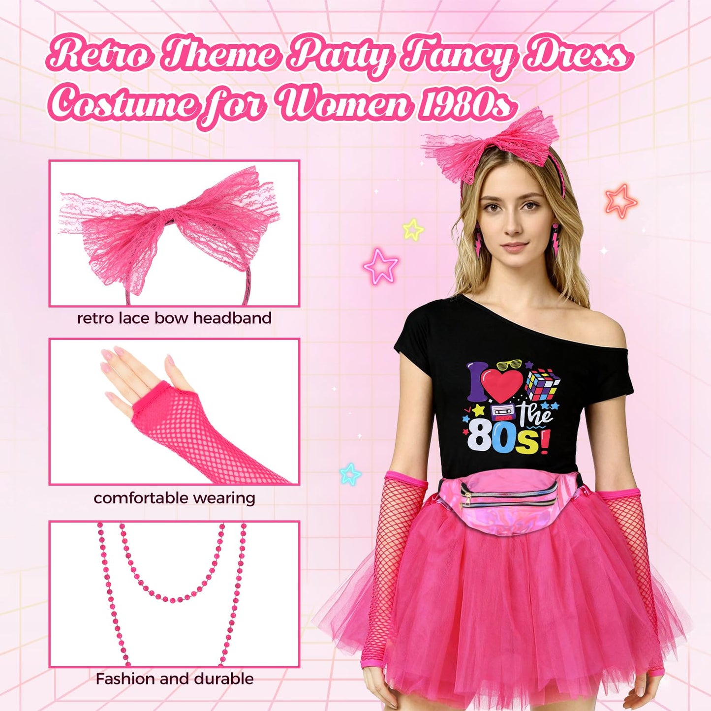 80s Fancy Dress for Women 80s Party Fancy Dress 80s Outfits for Women 1980s Fancy Dress Women Ladies 80s Fancy Dress Womens 80's Costume 80s Outfit 80s Party Costume Set 80s Costumes Accessories, XL
