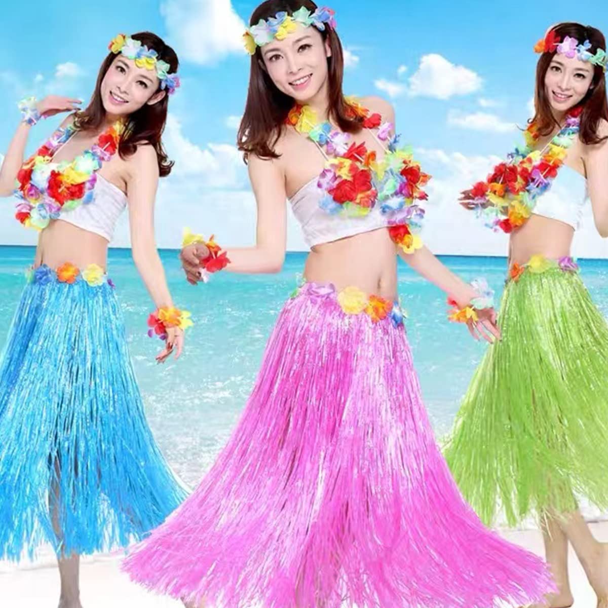 HBell 8 Set 40PCS Hawaiian Grass Skirt Garlands,Hawaiian Leis Bracelet Headband Necklace,Hawaii Luau Skirts Costume Fancy Dress,Only for Teens & Adults Summer Beach Tropical Party Decorations