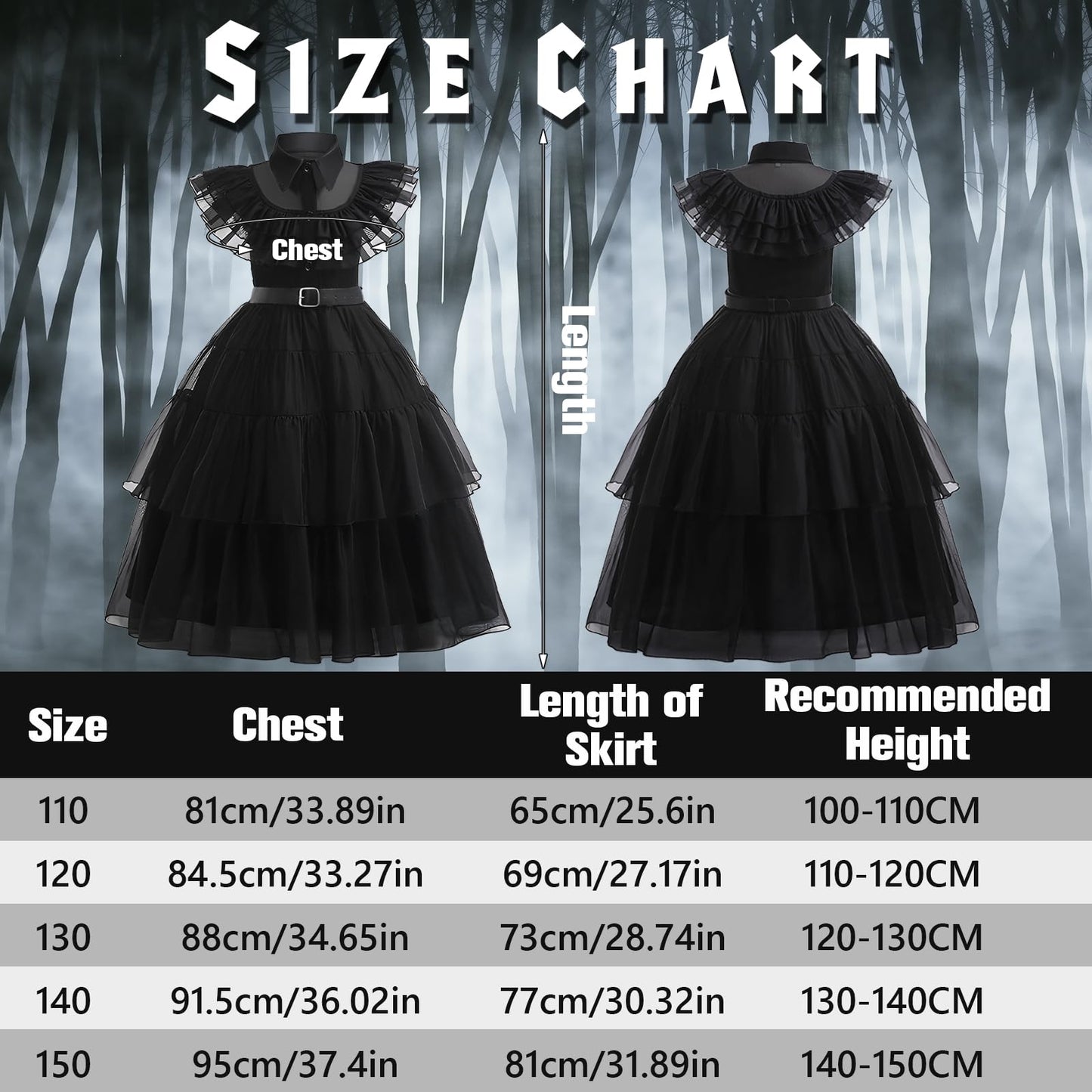 Kitimi Dress110 Black Gothic Dress Up Outfit for Girls, 3-11 Kids Theme Cosplay Costume Girls Party Fancy Dress Accessories with Wig Earrings Bag Socks for Carnival Halloween Party