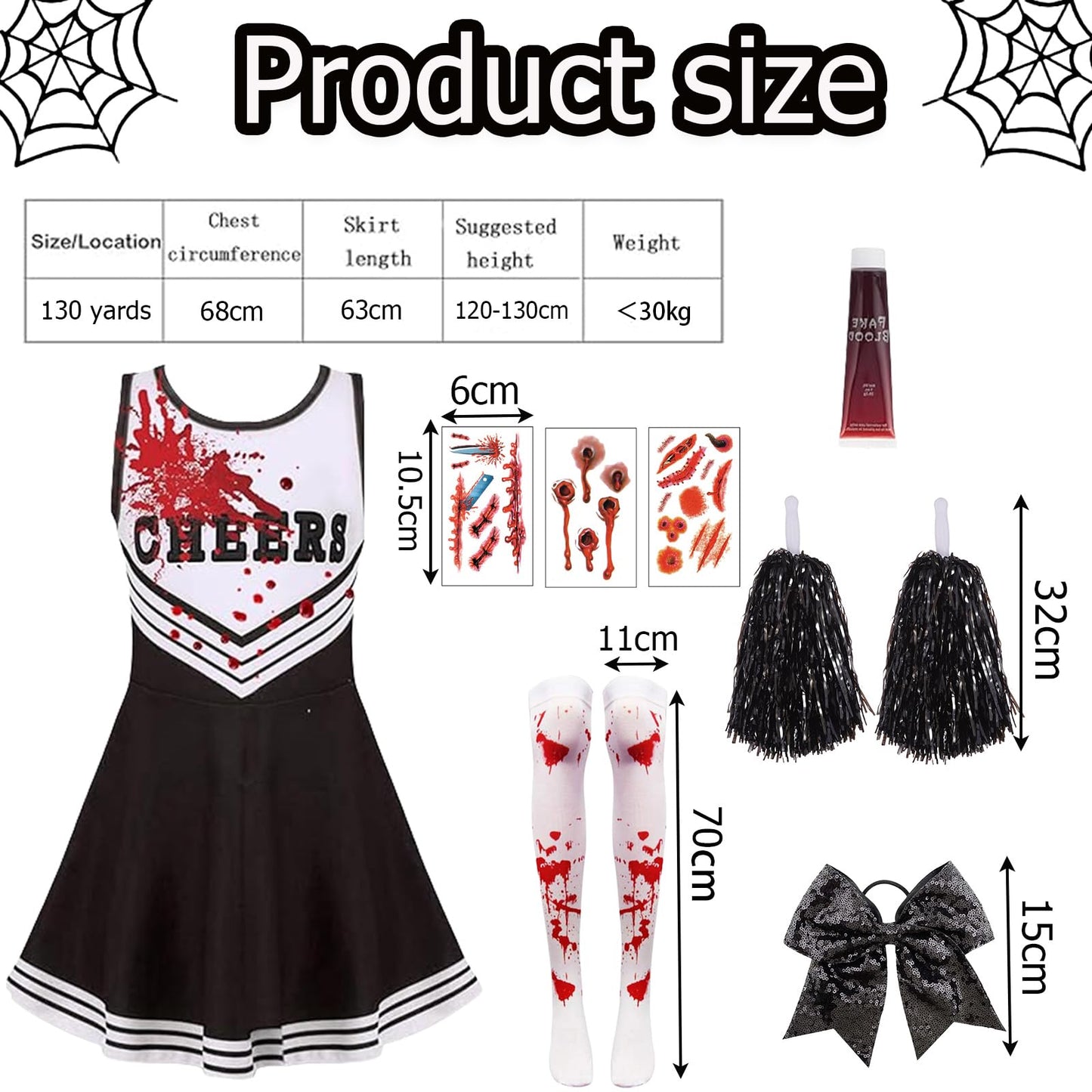 Pddenality 9 PCS 130 Yards Zombie Cheerleader Costume Kids Set, Cheerleader Outfit Kids, Girls Halloween Costume, Zombie School Girl Costumes Suitable for Attending Halloween or Parties