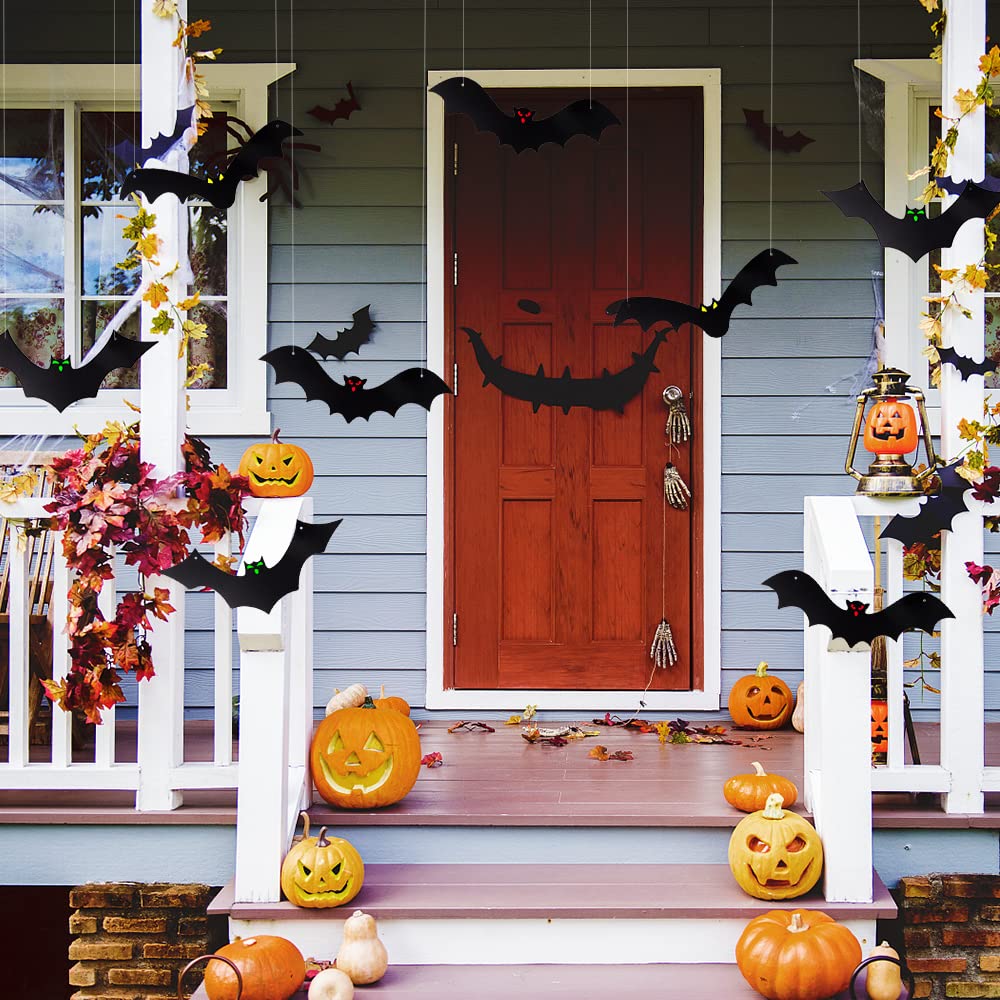 DTYDECLE 12PCS Halloween Hanging Bats, Halloween Flying Bat Hanging Decorations with Glowing Eyes for halloween Decor Outdoor Yard Party Decoration Supplies