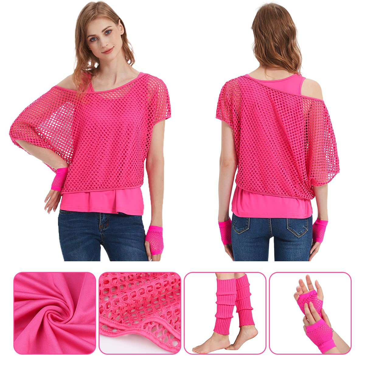 80s Fancy Fishnet Top for Women, Tank Top, Leg Warmers, Gloves, 1980s Costumes Neon Off Shoulder Mesh T-Shirt Accessories Retro Theme Party Cosplay