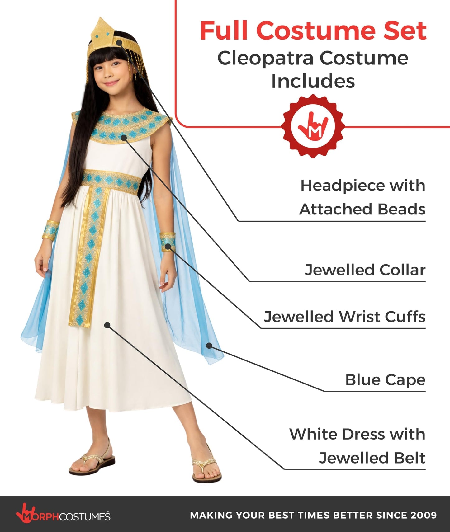 Morph Cleopatra Costume for Kids - Egyptian Costume for Girls - Halloween Dress Up - Egypt Themed Outfit, Large