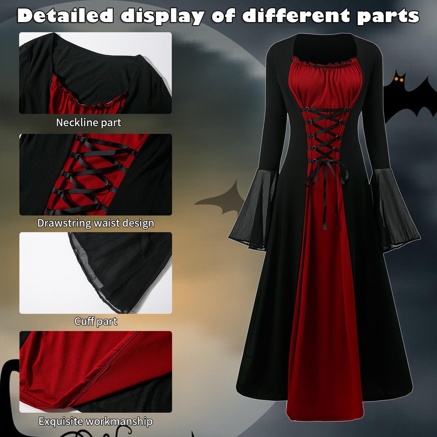 CNVAUIE Renaissance Costume for Women, Medieval Dress with Trumpet Sleeves, Gothic Maxi Dress, Carnival, Halloween, Party (Red, S)